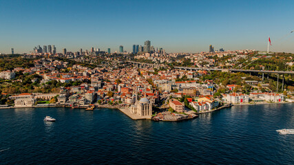 Aerial view of Ortaköy Mosque on embankment of Bosphorus with cityscape on sunny day, Istanbul, Turkey