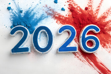 Bold blue “2026” with white outline on white surface—dynamic splash of red and blue powder adds energy, motion, and celebration to this vibrant milestone visual. generative ai