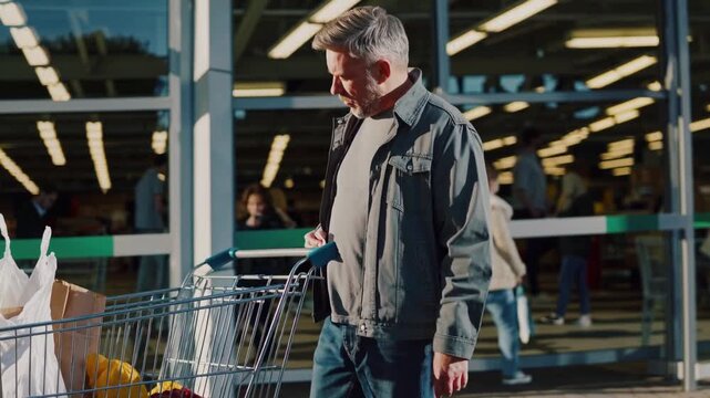 Man shopping at grocery store with cart full of groceries on sunny day