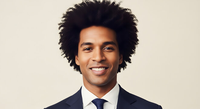 Headshot portrait of a confident and successful young Black businessman with an afro smiling at the camera - Powered by Adobe
