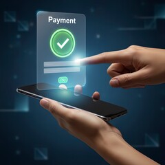 Digital Payment Success, Person Completing Secure Online Transaction on Smartphone, Futuristic Interface Showing Checkmark Confirmation, Modern Financial Technology Concept