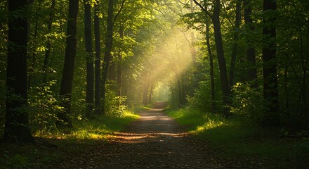 Obraz premium Sunbeams illuminate a forest path creating a magical atmosphere.