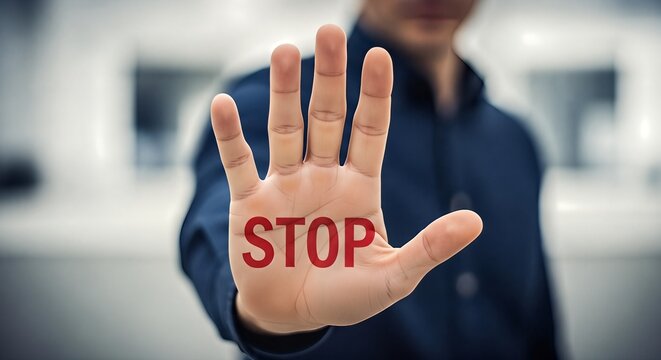 Confident professional boldly gestures 'STOP' with red text overlayed on palm, conveying clear boundaries and decisive action for business or safety communications