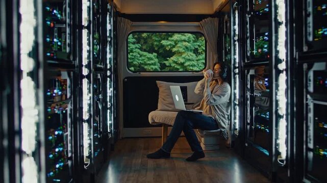 Exploring a mobile data center setup with a technician working on network systems in a forested area
