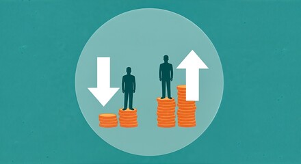 Dynamic financial growth visualized with upward arrows and stacked coins symbolizing wealth accumulation, representing investment success and economic prosperity.