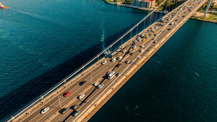Istanbul Bosphorus Bridge(July 15 Martyrs Bridge). Aerial view of the Bosphorus Bridge with drone on a cloudy day. Unique view of Istanbul. Turkiye.