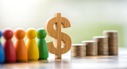 Colorful pawns stand beside a wooden dollar sign and rising coin stacks, symbolizing financial growth and diverse investment strategies.