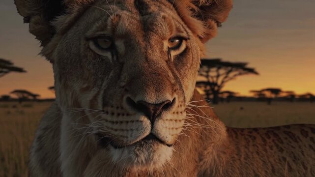 Majestic lioness gazes into the distance on the African savannah at sunset capturing the essence of wildlife
