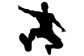 Low-angle shot of a soccer player in silhouette jumping with one leg raised and arms open, celebrating a goal