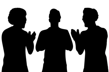 Medium shot silhouettes of three men applauding in recognition or group celebration. Soccer players celebrating a victory