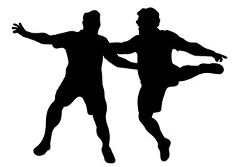 Illustration of two soccer players dancing together in joyful celebration of a score or victory