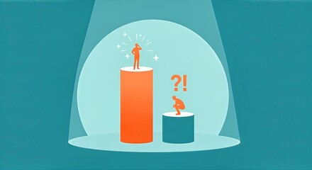 Confident achiever stands tall on success pedestal while confused individual contemplates a question mark next to a smaller platform, symbolizing disparity and uncertainty in a spotlight.