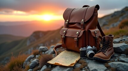Traveler&rsquo;s Rucksack with Map and Camera on Rocky Terrain at Sunset