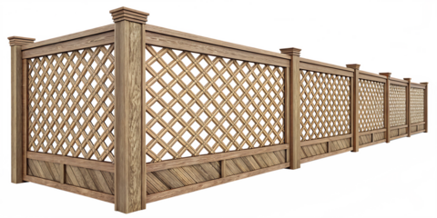 Detailed wooden lattice fence design isolated on white background. Decorative garden barrier perfect for outdoor architecture, landscaping, and home improvement themes. Rustic craftsmanship and clean 