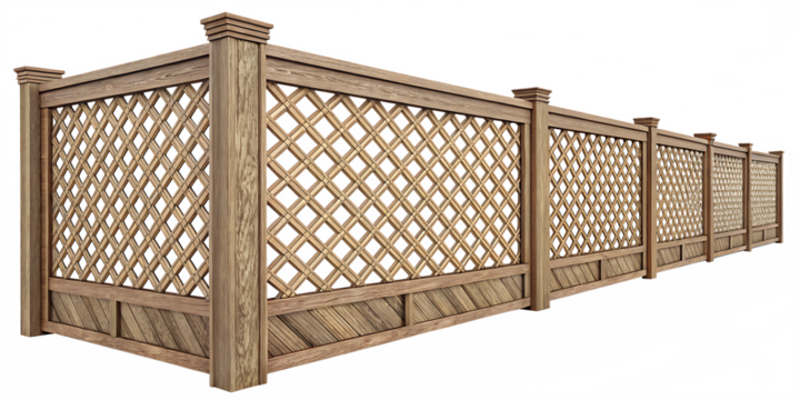 Detailed wooden lattice fence design isolated on white background. Decorative garden barrier perfect for outdoor architecture, landscaping, and home improvement themes. Rustic craftsmanship and clean 