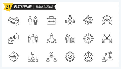 21 partnership icons, black and white line style, teamwork, collaboration, organizational structure, business tools, vector illustration, editable stroke, professional concept