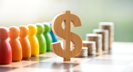 Wooden dollar sign with colorful figurines and stacks of coins.