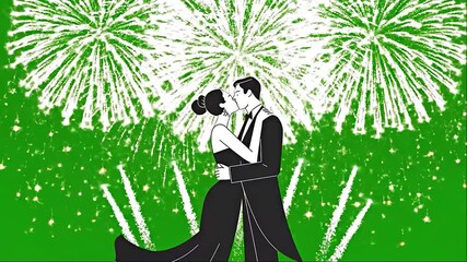 Elegant couple kissing under fireworks a vector illustration for wedding invitations romantic celebrations and special event announcements