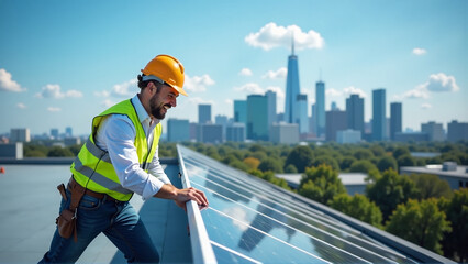 Vibrant Green Future: Energetic Technician on Modern Rooftop