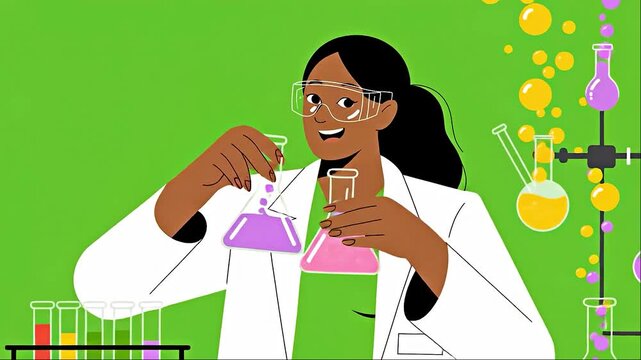 Scientist holding beakers with colorful liquid a vector illustration of a woman in a lab coat for science and research concepts