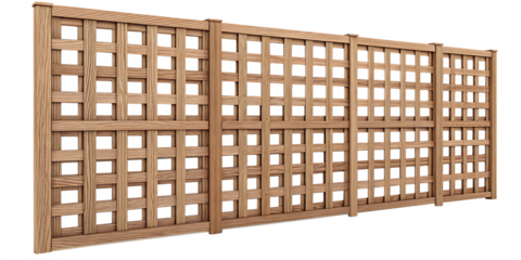 Wooden lattice fence panel on a white background. Clean modular design for gardens and outdoor spaces. Durable structure offering style and privacy.