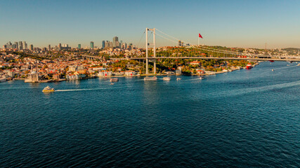 Istanbul Bosphorus Bridge(July 15 Martyrs Bridge). Aerial view of the Bosphorus Bridge with drone on a cloudy day. Unique view of Istanbul. Turkiye.