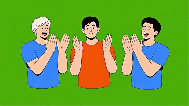 Three cartoon men clapping their hands a vector illustration for celebration encouragement or appreciation isolated on a green background
