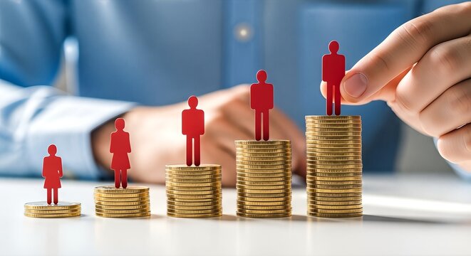 A person's hand placing a red human figure on a growing stack of gold coins, symbolizing career progression and financial growth.