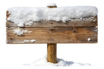 Rustic wooden signpost covered in fresh white snow with a weathered texture isolated on transparent background
