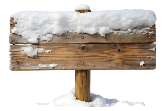 Rustic wooden signpost covered in fresh white snow with a weathered texture isolated on transparent background