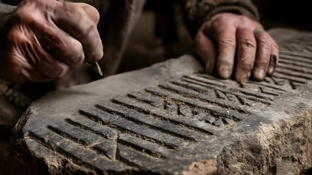 A stone carver chisels letters into a rough stone slab.