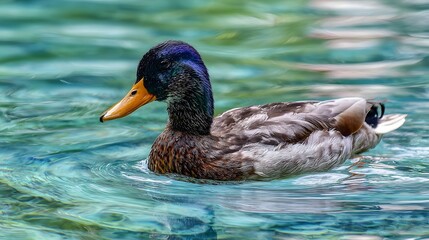 Fototapeta premium Male waterfowl with iridescent dark plumage floats calmly upon rippling turquoise water