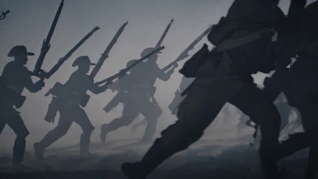 Historic military march captured at dawn with soldiers in formation amidst foggy landscape