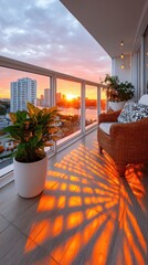 A balcony with wicker furniture and plants overlooks a city and water during sunset. Golden light streams through the balcony's glass railing, casting patterned shadows on the floor
