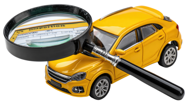 Vehicle Inspection Under Scrutiny: A detailed inspection report is being closely examined through a magnifying glass, revealing the meticulous process of vehicle inspection.