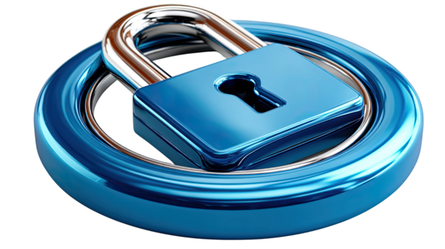 Security Lock Icon: A close-up shot of a shining blue padlock. The metallic sheen of the lock reflects the importance of protection and safety.