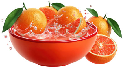 Citrus Burst: A vibrant arrangement of fresh oranges and segments immersed in a splash of water within a red bowl, evoking refreshment and vitality.