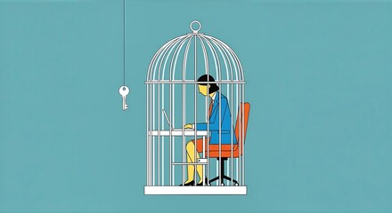A person working on a laptop inside a cage with a key hanging outside, representing confinement.