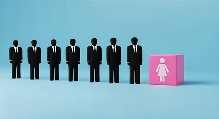Diverse team representation with one woman standing out from a group of men in suits, symbolizing inclusion and unique perspectives in the workplace