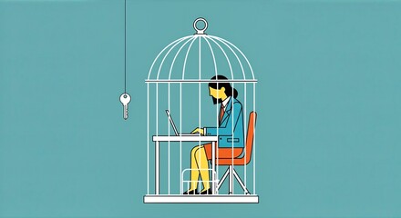 An illustration of a businesswoman working on a laptop while trapped inside a birdcage, with a key hanging just out of reach.