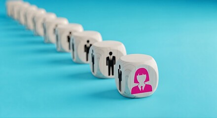 A row of white cubes with icons of people, one cube features a pink female icon.