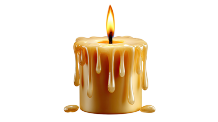 Candlelight's Soft Embrace: An inviting candle glows with a warm, steady flame, its melted wax elegantly cascading down its sides, offering a serene ambiance.