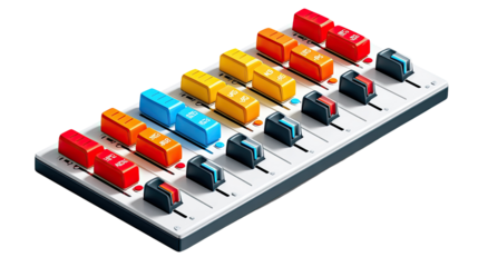 Sound Mixer's Console: An organized sound mixer console featuring an array of knobs, sliders, and buttons, a symbol of audio engineering, technology and creative potential.
