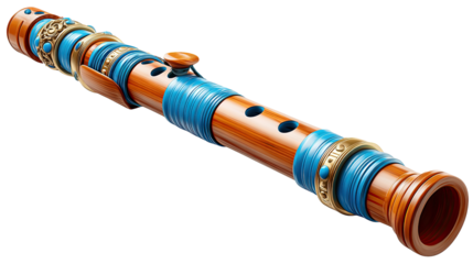 Detailed Wooden Flute: A close-up view of an antique wooden flute, intricately designed with blue embellishments and delicate metal accents, showcasing craftsmanship and musical heritage.