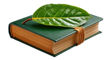 Knowledge and Nature's Embrace: An open book cradles a vibrant green leaf, symbolizing the harmonious blend of knowledge and the natural world.