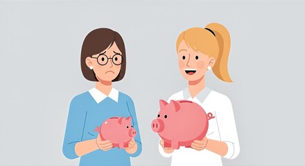 Two women holding piggy banks, one looking sad and the other happy, discussing finances.