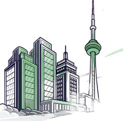 Obraz premium Cityscape vector illustration depicting modern buildings and a tower with neon green accents and transparent background