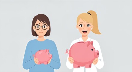 One woman looks worried holding a small piggy bank while another woman beams with joy holding a large piggy bank, symbolizing financial disparity and contrasting savings.