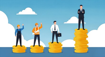 Diverse professionals stand atop escalating stacks of gold coins symbolizing career growth, financial success, and ascending economic achievement in a modern illustrative style