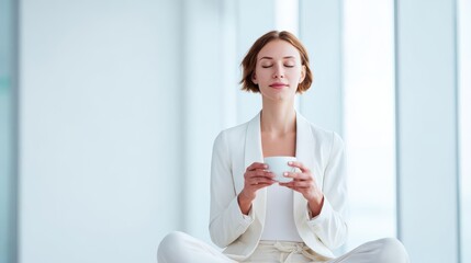 Businesswoman meditating while holding a cup of herbal tea